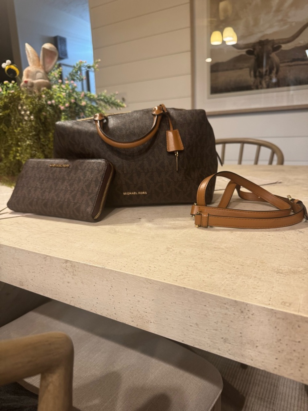 Michael Kors Brown Kirby Monogram Satchel with Tan Accents and Wallet